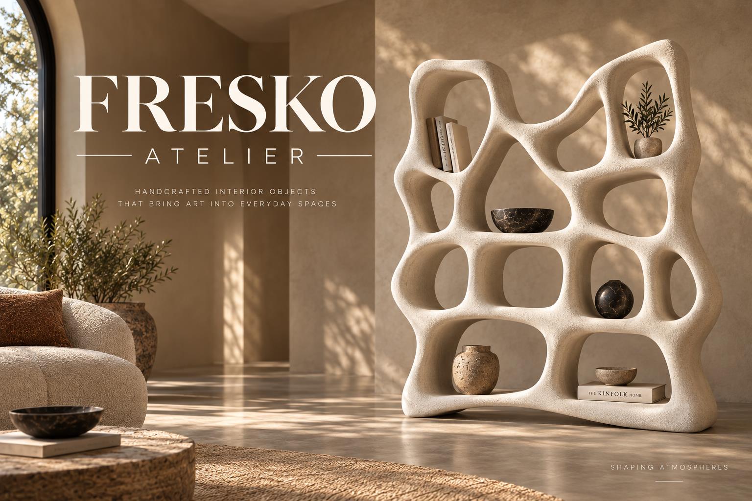 Handcrafted sculptural shelving in a sunlit interior